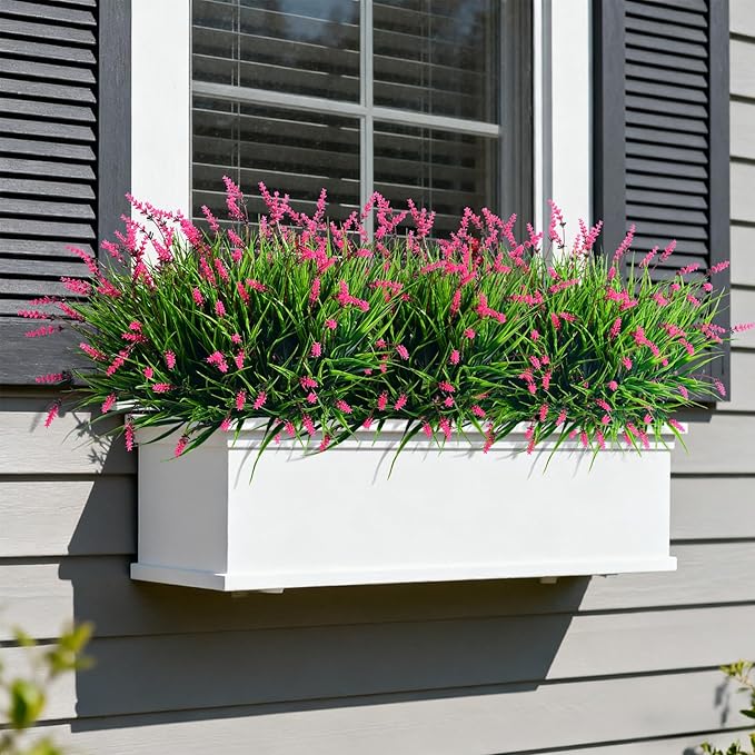 12 Bundles Artificial Lavender Flowers Faux Plants for Outdoor Fake Monkey Grass with Flowers Realistic Faux Greenery Shrubs for Porch Planters Patio Garden Window Boxes Pathway Decor (Pink)