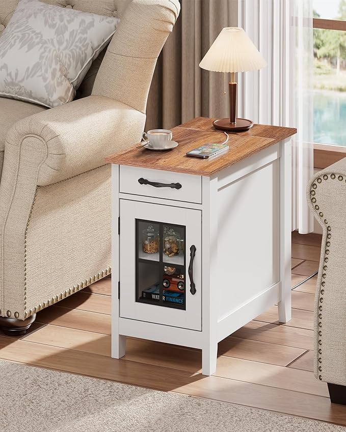 WLIVE End Table with Charging Station, Narrow Side Table for Living Room, Farmhouse Night Stand with Storage, Small Wooden Cabinet Nightstand with USB Ports and Outlets, 23.7" D x 13.78" W x 23.7" H