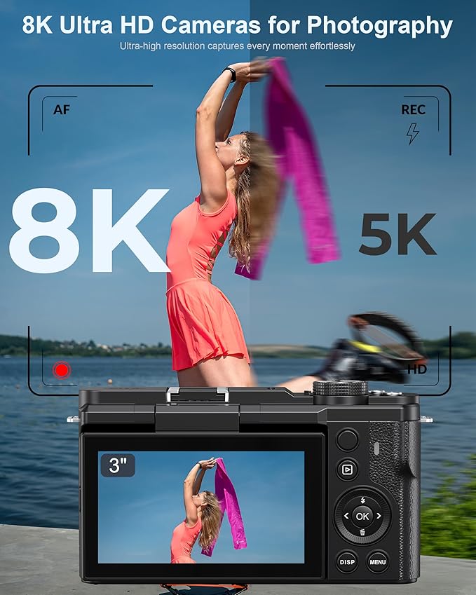 8K Digital Camera, 88MP Cameras for Photography, Vlogging Camera for YouTube with 3" 180° Flip Screen, 18X Zoom UHD Autofocus Video Camara with Lens Hood, 64GB Card