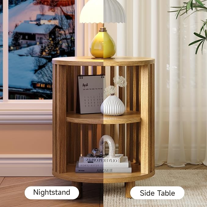 Round End Table, Wood Bedside Table, Mid Century Modern Nightstand with Open Storage Shelf, 3 Tier Small Side Tables for Living Room, Bedroom, Curved Profile Design, Natural Oak(2-Pack)