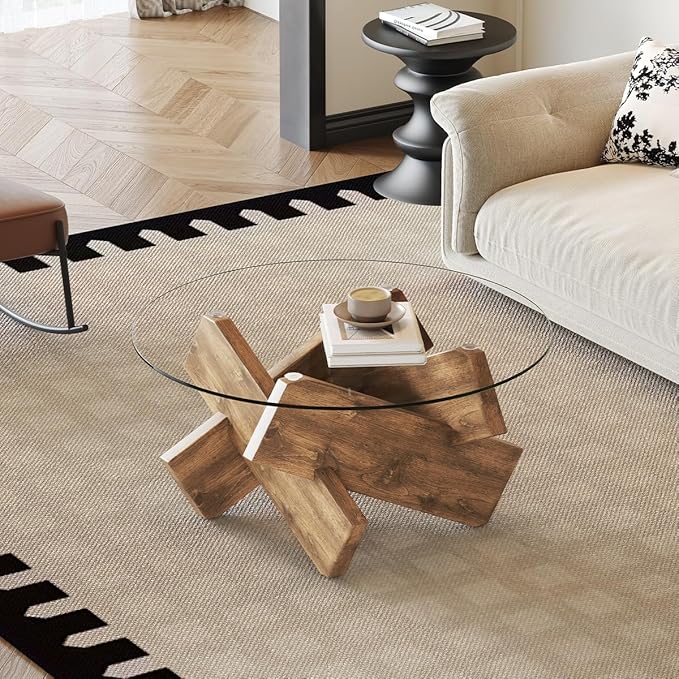 Natural Round Glass Coffee Table,33-Inch Coffee Tables for Living Room Clear Circle Accent Table Adapts to Farmhouse and Contemporary Decor