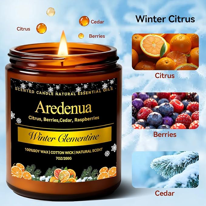 Winter Candles – Winter Clementine Candle | Holiday Scented Candles - Citrus Soy Candle for Odor Eliminator | Winter Christmas Gift for Women Men 7oz Jar with 50H Clean Burn & Long Lasting
