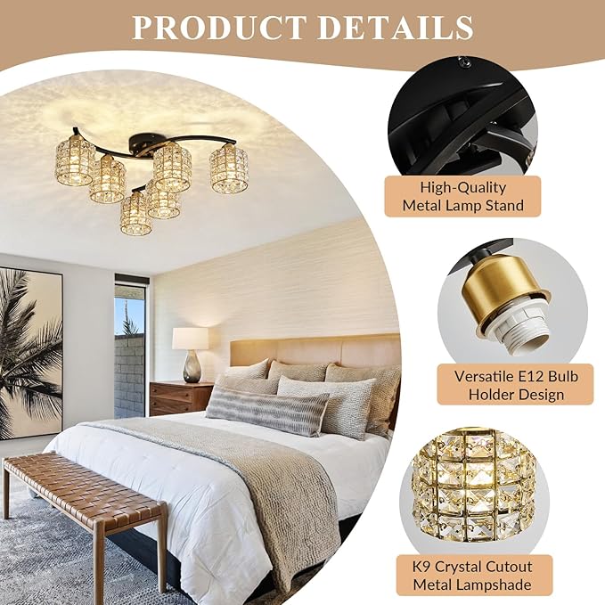 6-Light Ceiling Light Fixtures,Crystal Semi-Flush Fixture,Black & Gold Farmhouse Ceiling Light, Luxury Flush Mount Lighting for Dining Room, Living Room, Kitchen Island