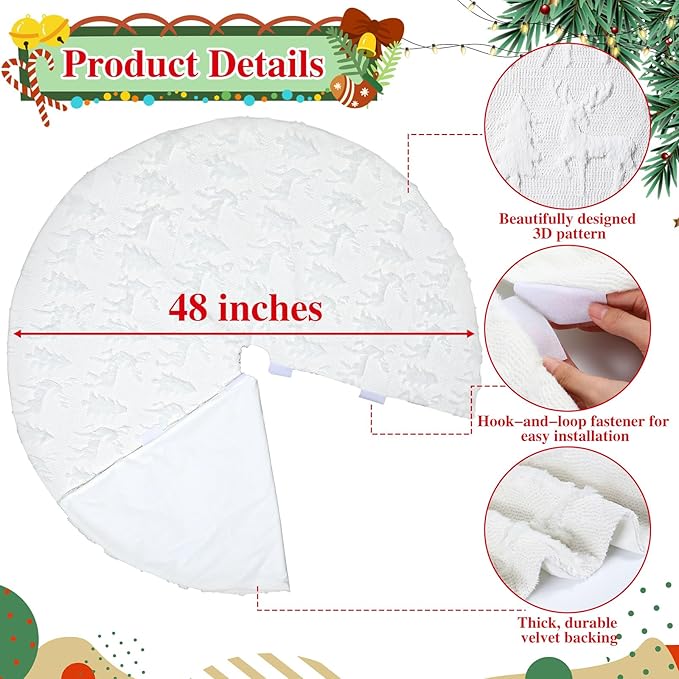 Civaner 48 Inch White Christmas Tree Skirt Faux Fur with Cable Knit Vintage for 7.5 ft Christmas Trees Decoration Thick Plush Skirt Decorations for Xmas Holiday