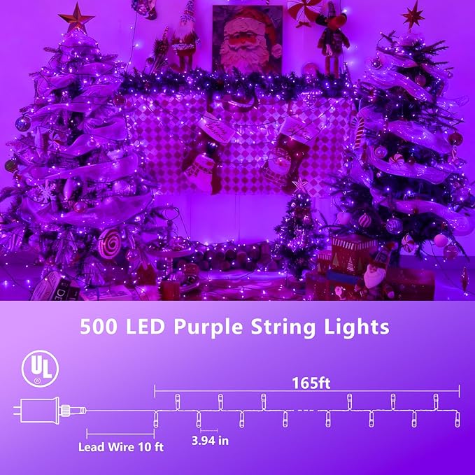 YEGUO 165ft 500 LED Christmas Lights Outdoor Waterproof, Purple String Lights Plug in, Twinkle Christmas Tree Lights Indoor with Timer Memory 8 Modes