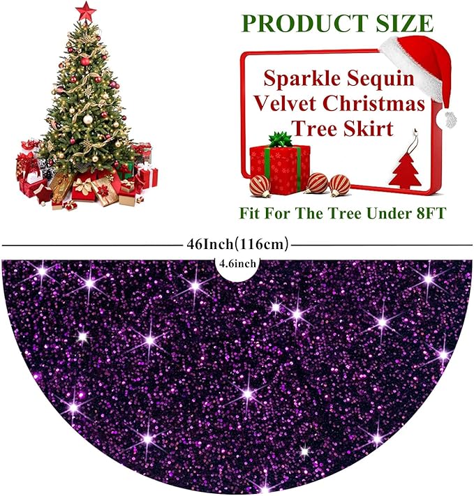 FUHSY Purple Tree Skirt Christmas 48 Inches Sparkly Sequin Tree Skirt Velvet Large Tree Skirts Collar Halloween Tree Skirts Royal Purple Christmas Tree Ornaments for Holiday Party Indoor Outdoor