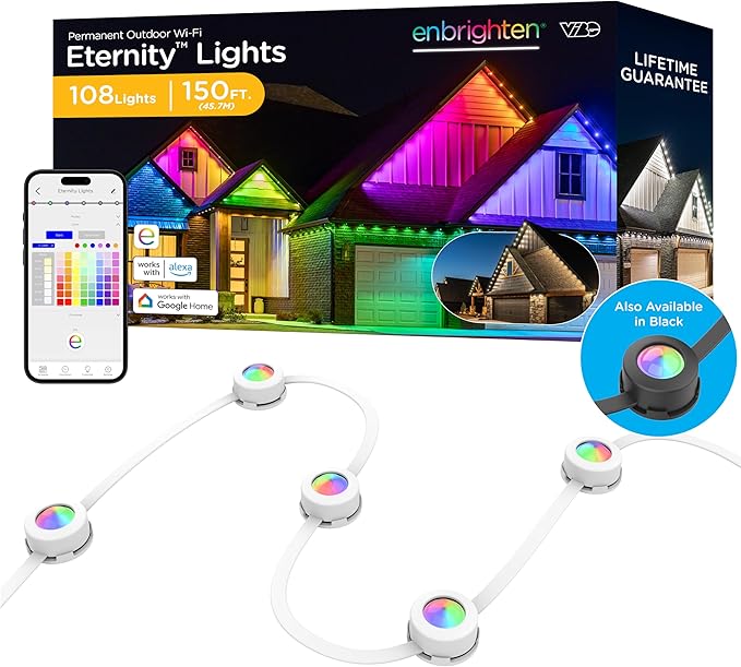 Enbrighten Vibe Eternity Permanent Outdoor Lights for House, 150ft, 108 RGBWIC LEDs, Close Spacing, 33lm, Color Changing, Christmas, Eave Lighting, Smart App, Works with Alexa, Google Home, 85102