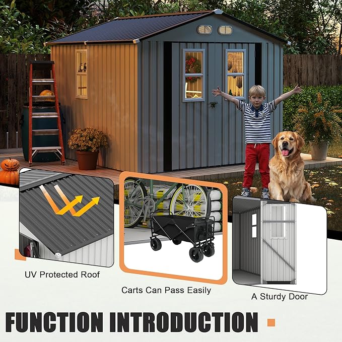 KEIKI 8x8 Metal Storage Shed with Protective Film, 4 Daylight Windows, Lockable Double Doors, Heavy-Duty Color Steel Outdoor Storage Shed for Backyard Garden, White