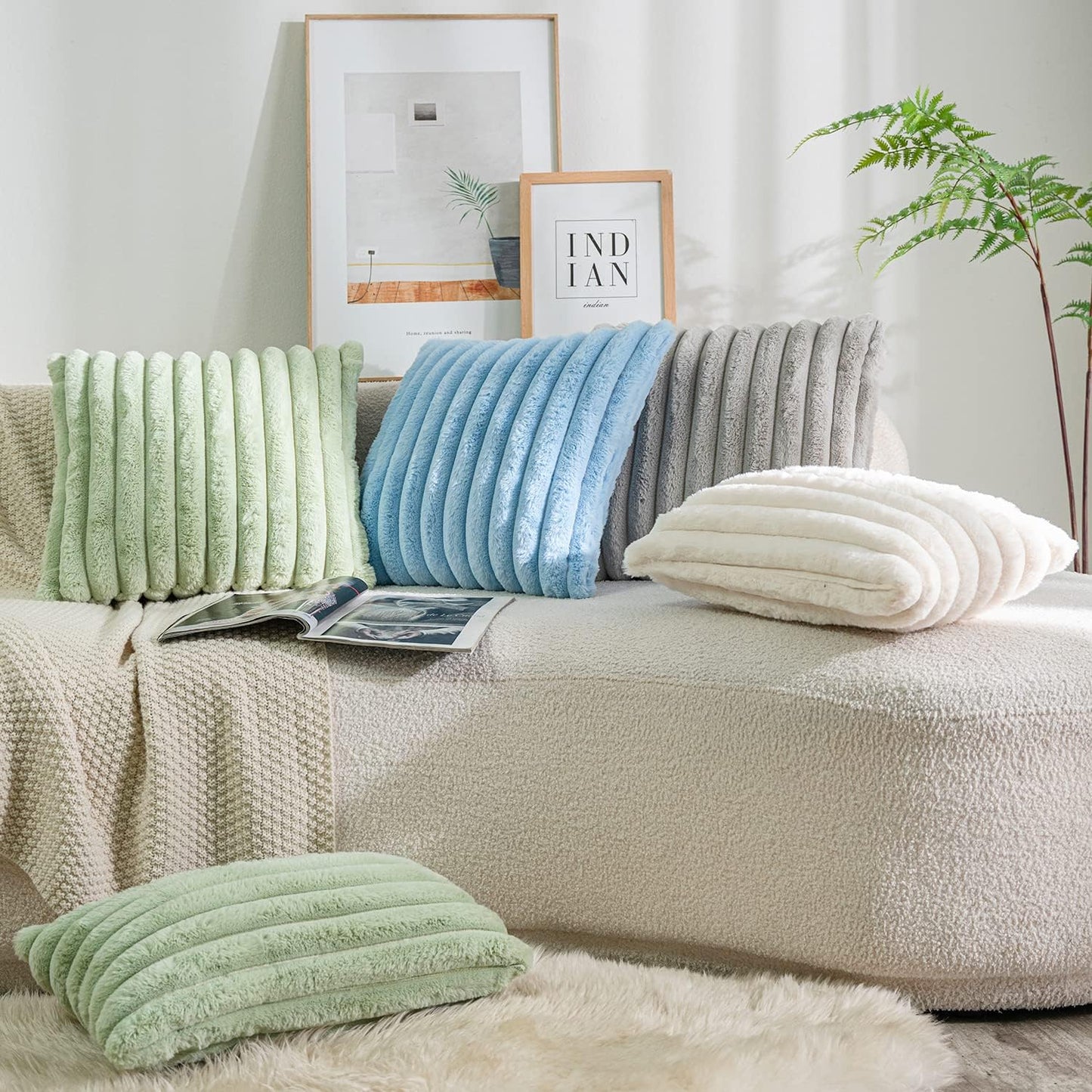 DEELAND Pack of 2,Double-Sided Faux Fur Plush Decorative Throw Pillow Covers Fuzzy Striped Soft Pillowcase Cushion Covers for Sofa Couch Bedroom Lightblue 22x22 inch