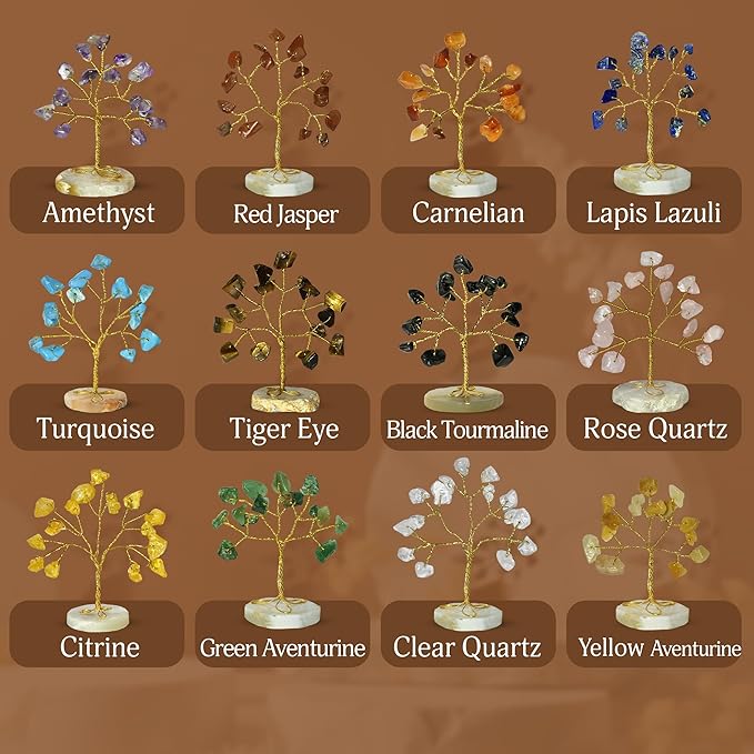 YATSKIA Chakra Crystals Tree, Birthday Gift For Women, Gemstones And Crystals, Natural Crystal Gemstone Tree, Crystal Home Decor, Mom Birthday Gifts, Feng Shui, Reiki Gift (Set Of 12 Slice Base Trees)