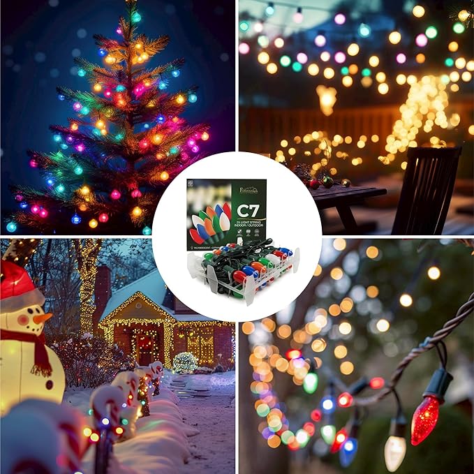 C7 26ft Indoor/Outdoor Transparent Multicolor Incandescent Christmas String Lights with 25 Bulbs | 120V, 5W