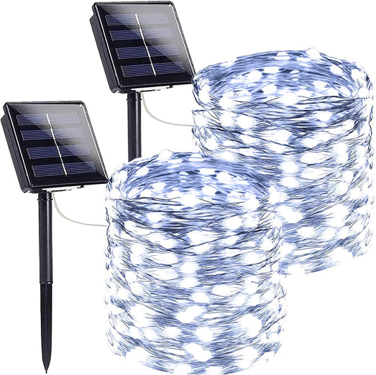 SANJICHA 2-Pack Each 72FT 200 LED Solar String Lights Outdoor, Waterproof Solar Fairy Lights Silver Wire 8 Lighting Modes Solar Twinkle Lights for Tree Garden Party Xmas Wedding Decor (Cool White)