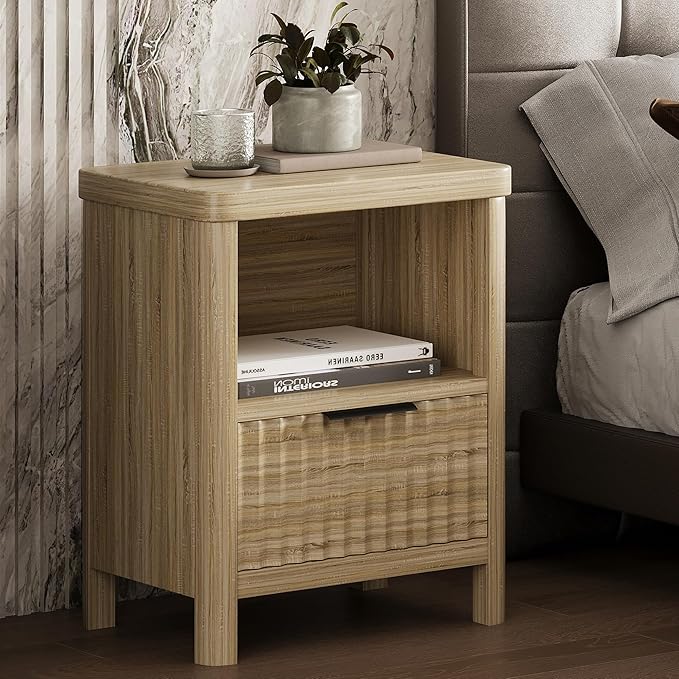 Nightstand Night Stand with Drawer Storage, Large Modern Wood Bed Side Table with Fluted Panel, Mid Century Farmhouse Sofa Couch End Table for Bedroom (Nature Wood, 20 * 15Inch /1 Piece)