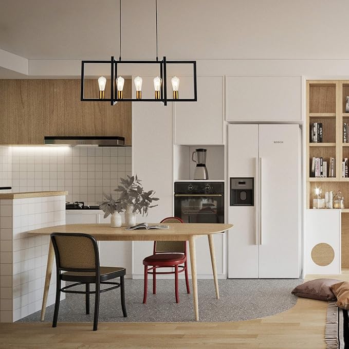 SomSom Modern Kitchen Island Light for Kitchen Pendant Chandelier 5-Light Ceiling Light Industrial Pendant Lighting Fixture Matte Black with Antique Brass Finish