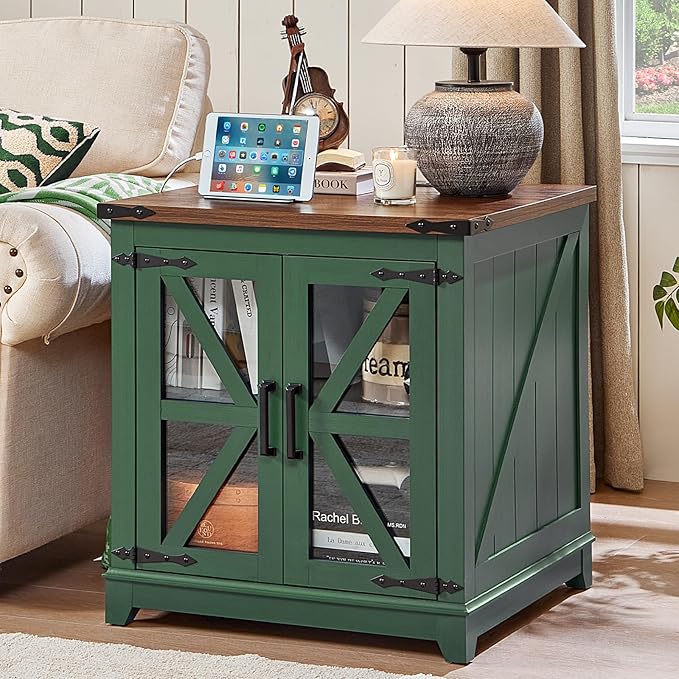 Farmhouse End Table, 24" Large Sofa Side Table with Charging Station Glass Barn Door, Wood Nightstand with Adjustable Storage Shelf, Square Bedside Table for Living Room, Bedroom, Office-Green