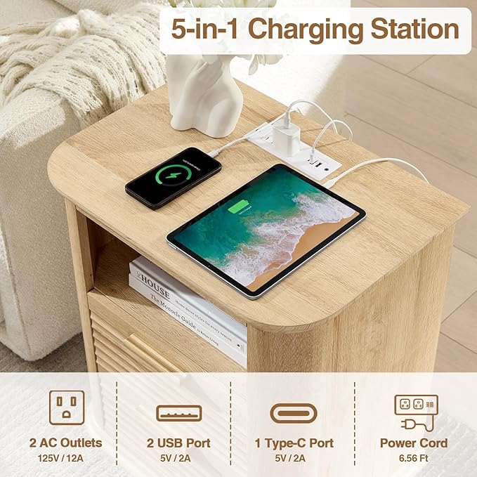 Okvnbjk 22" Fluted Nightstand Set of 2 with Charging Station, Modern End Table with 2 Drawers & Open Storage, Stylish Bedside Table for Living Room, Bedroom, Side Tables Curved Profile Design, Oak