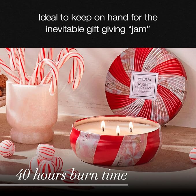 Voluspa Crushed Candy Cane, 3 Wick Tin Candle, 12 oz, 40 Hour Burn Time, Coconut Wax for Clean Burning, Handcrafted in The USA