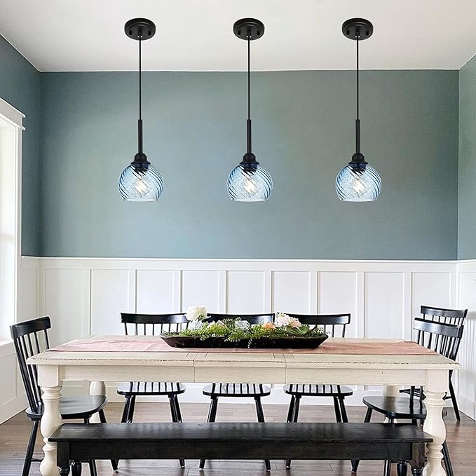 3 Pack Dining Room Light Fixture with Blue Striped Swirl Globe Glass, Stylish Kitchen Island Hanging Pendant Light Black for Bar Hallway Bedroom, 1-Light