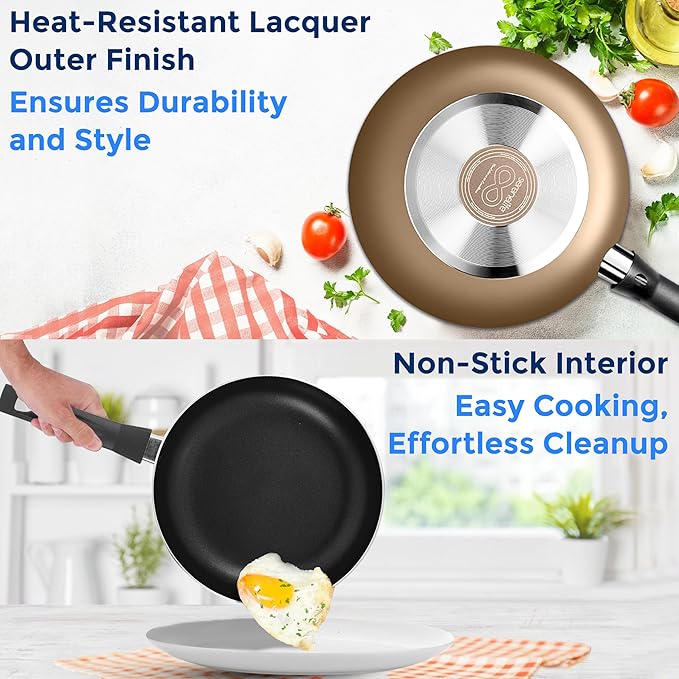 SereneLife Kitchenware Pots & Pans Basic Kitchen Cookware, Black Non-Stick Coating Inside, Heat Resistant Lacquer (11-Piece Set), One Size, Gold