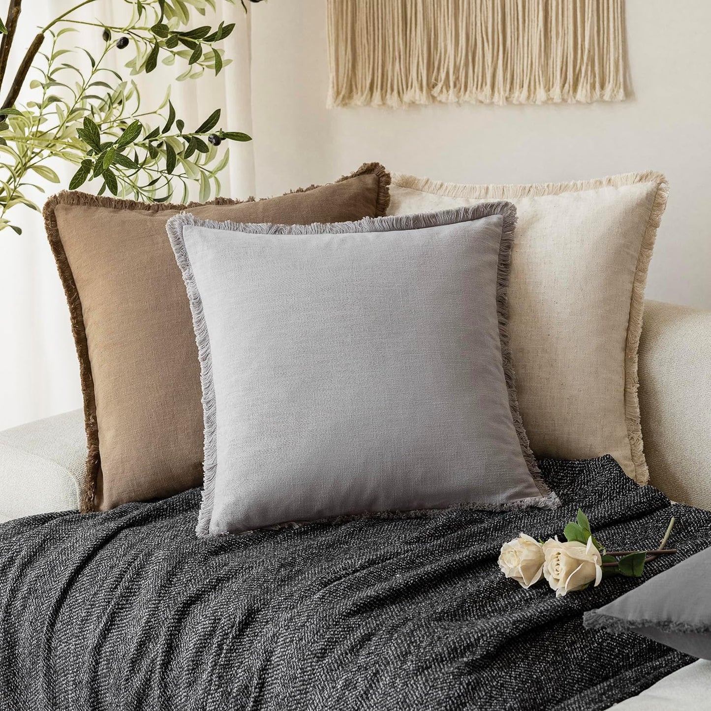 Foindtower Set of 2 Decorative Linen Fringe Throw Pillow Covers Cozy Farmhouse Cushion Cover with Tassels Accent Pillowcase for Couch Chair Sofa Bed Living Room Home Decor,20×20 Inch,Light Rustic Gray