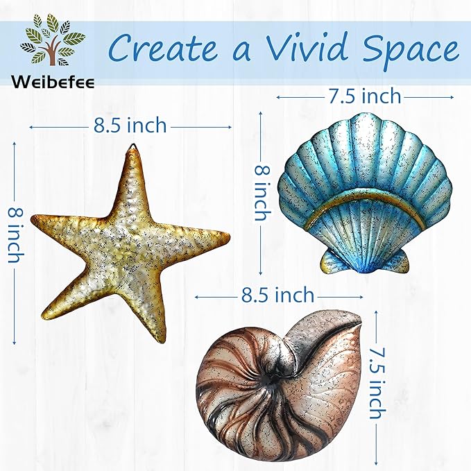 Weibefee 3 Pcs Metal Beach Wall Decor Sea Star Shell Conch Metal Christmas Decor Ocean Theme Marine Coastal Bathroom Christmas Decorations Gift Rustic Cottage Nautical Wall Art for Office Home Living Room Nursery Room