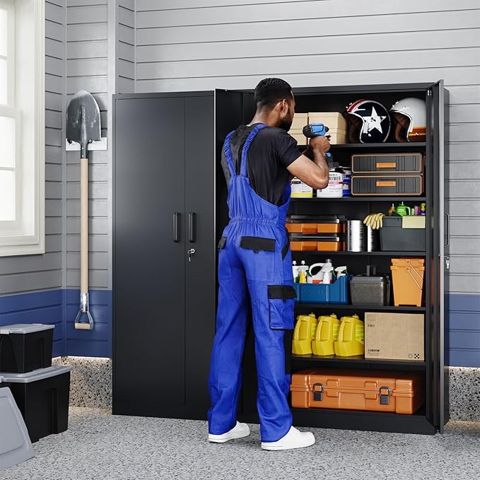 Yizosh Metal Garage Storage Cabinet with 2 Doors and 5 Adjustable Shelves - 71" Steel Lockable File Cabinet,Locking Tool Cabinets for Office,Home,Garage,Gym,School (Black)