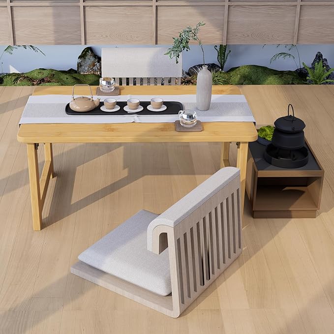 Japanese Floor Table, Bamboo Folding Coffee Table, Portable Solid Wood Japanese Tatami Tea Table Table, No Assembly Japanese Dining Table for Sitting on The Floor, Easy Storage (Natural)