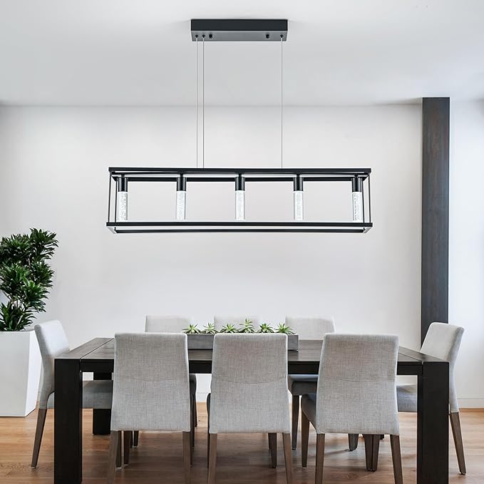 LED Linear Pendant Light with Bubble Bulb, Dimmable Farmhouse Dining Room Light Fixture, 39" 25W Linear Dining Room Light, 3000K-6000K for Kitchen Island, Dining Table (Black)