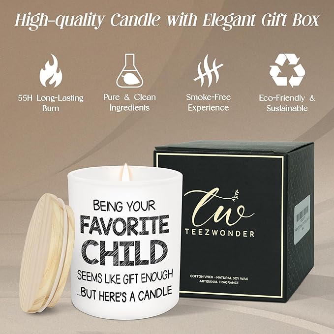 TEEZWONDER Christmas Birthday Gifts for Mom from Daughter Son - Favorite Child Vanilla Lavender Candle 10 oz - Dad Mom Birthday Gifts, Funny Gift for Grandma Grandpa, Scented Candles for Men Women
