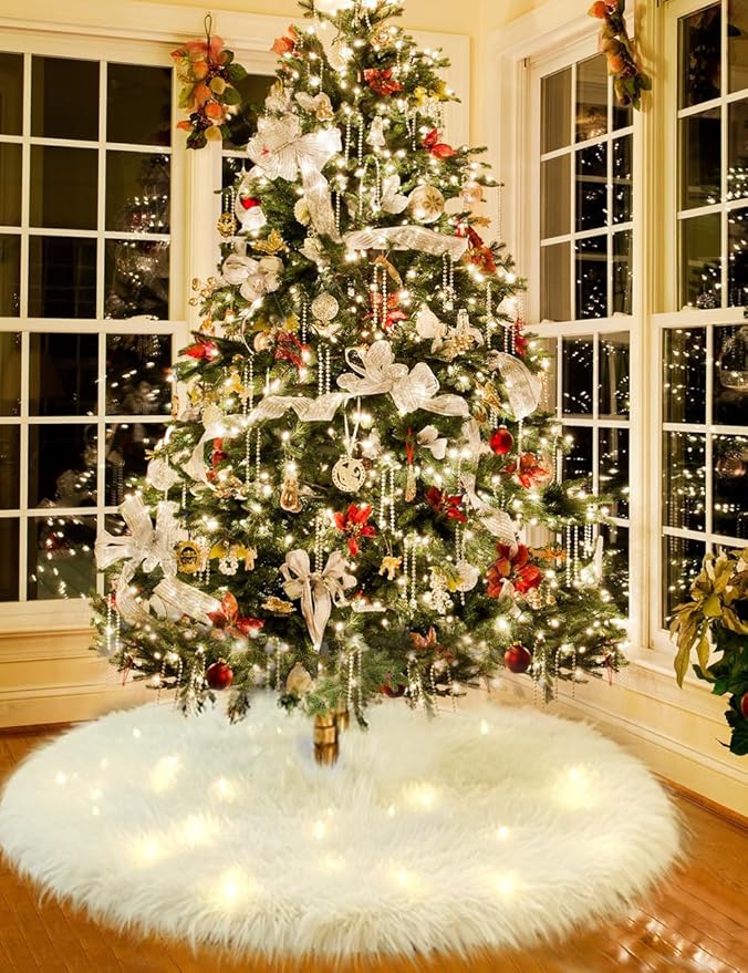 48 Inch Faux Fur Christmas Tree Skirt, Fluffy Plush Skirt for Christmas Tree, White Christmas Tree Rug Skirt Perfect for Christmas Party Decorations