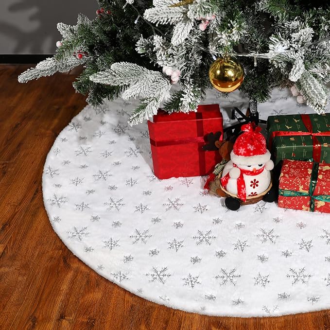 72 Inches Christmas Tree Skirt - Vonhen White Faur Fur Xmas Tree Skirts for Christmas Tree Holiday Party Decorations with Sequin Silver Snowflakes