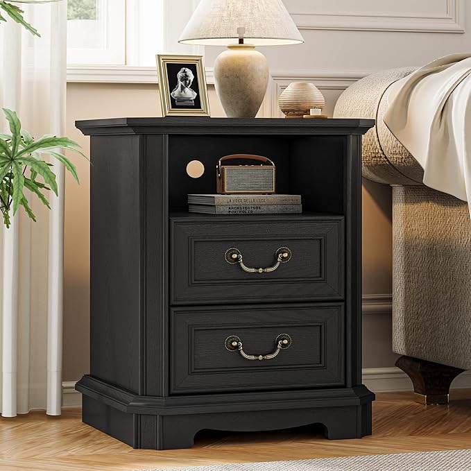 Farmhouse Nightstand with Charging Station, 18" Side Table with 2 Storage Drawers, Rustic Wood Night Stand with Metal Handle, Wooden Bedside End Table Small Dresser for Bedroom, Living Room, Black