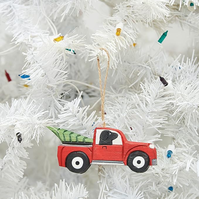 Gallerie II Black Lab in Pickup Truck with Christmas Xmas Tree Wood Carved Ornament Red