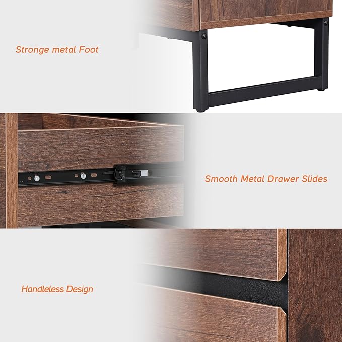 WAMPAT 2 Piece Modern End Table with 2 Drawers, Farmhouse Sofa Table, Wooden Rustic Side Sofa Table with Metal Leg for Living Room, Nighstand for Bedroom, Brown