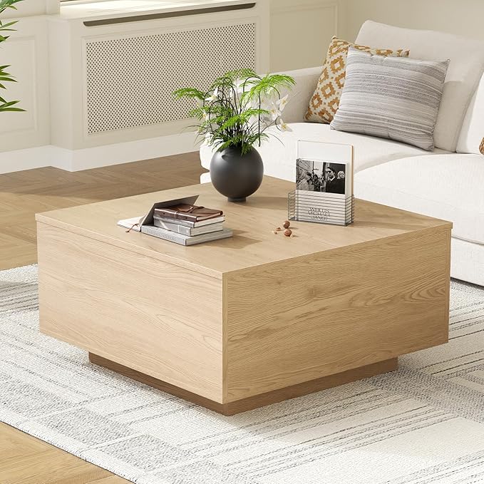 FABATO Lift Top Coffee Table, Wood Square Coffee Table with Storage, Farmhouse Coffee Tables with Hidden Storage Compartment, Center Table with Lifting Tabletop for Living Room, Home Office, Natural