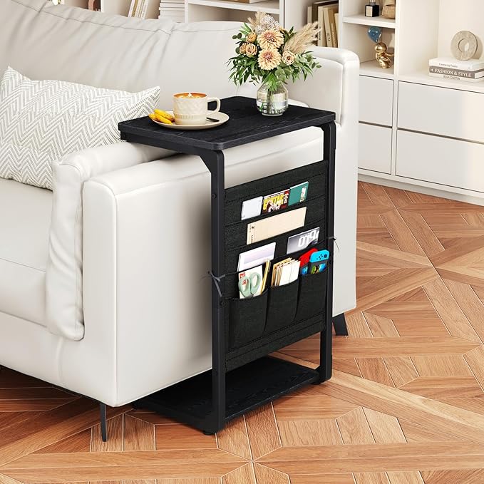 C-Shaped End Table with Storage Bag, Small Couch Side Table, Sofa TV Tray Table for Living Room, Bedroom, Bedside ET-P-BKW1