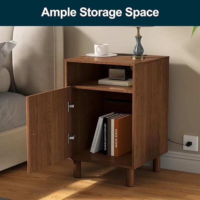 RoyalCraft Nightstand with Charging Station, Modern Side Table with Door, Accent End Table with Solid Wood Legs, Bedside Table for Bedroom, Entryway, Brown
