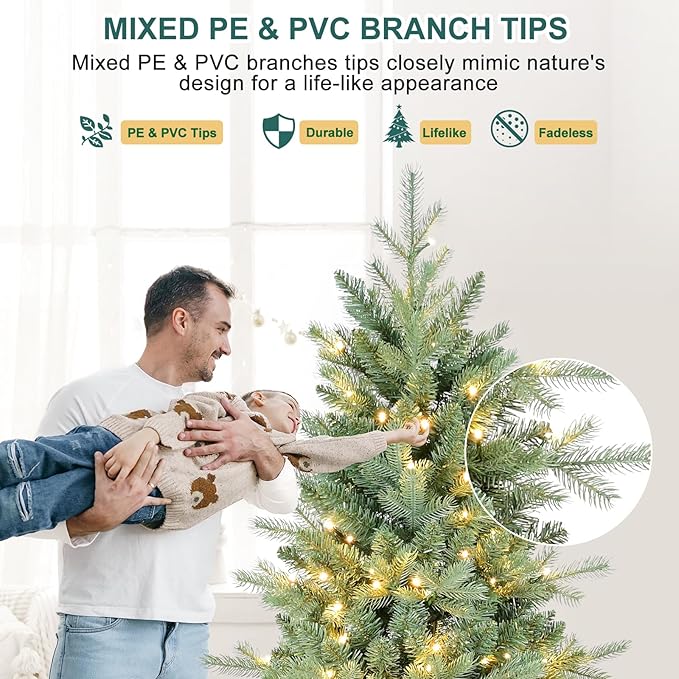 5 FT Prelit Artificial Skinny Christmas Tree,Blue Spruce Slim Pencil Xmas Tree with 926 PE&PVC Mixed Branch Tips and 250 UL Listed Clear Lights,Hinged Pine Tree with Metal Stand for Home Office Décor