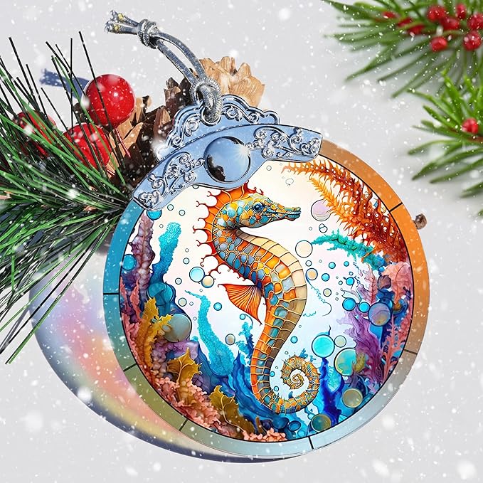 Stained Glass Christmas Ornament, Jocidea Seahorse Christmas Decorations, Christmas Tree Ornament, Seahorse Lovers Gifts, Holiday Decor and Xmas Gifts Ideas
