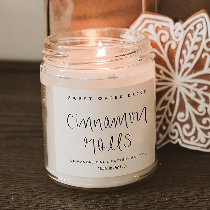 Sweet Water Decor Cinnamon Roll Candle - Fall Scented with Cinnamon, Icing and Buttery Pastry for Home - Soy Candle with 40 Hours Burn Time - 9Oz Gold Lid Clear Jar Autumn Scents