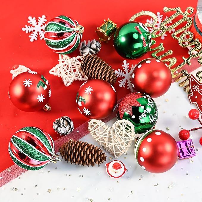 30PCS Christmas Ball Ornaments - 2.36 Inch Red Green Christmas Balls, Shatterproof Xmas Tree Hanging Ball Ornaments Decorations for Xmas Trees
