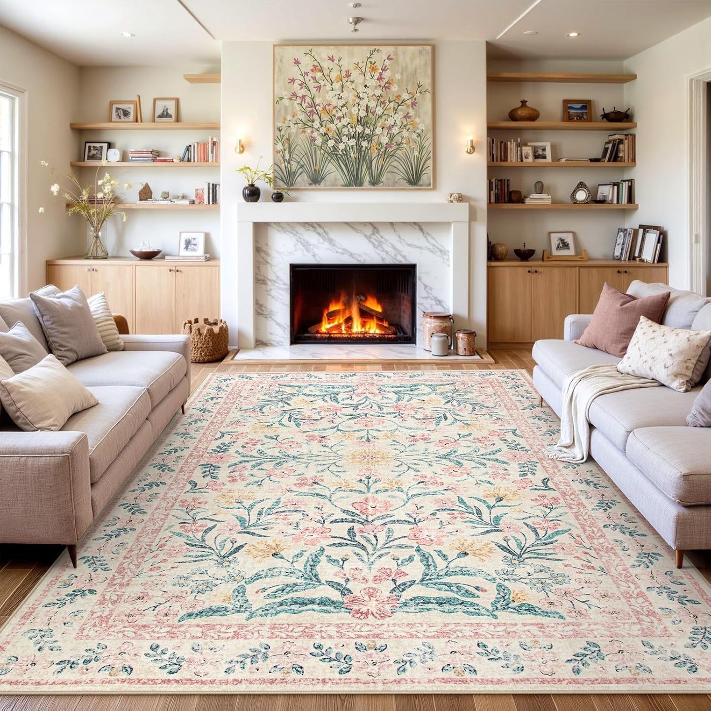 Wonnitar Machine Washable 10x14 Area Rugs, Large Living Room Rug Floral Pink and White Carpet, Boho Soft Ultra-Thin Foldable Carpets for Bedroom Dining Room Office