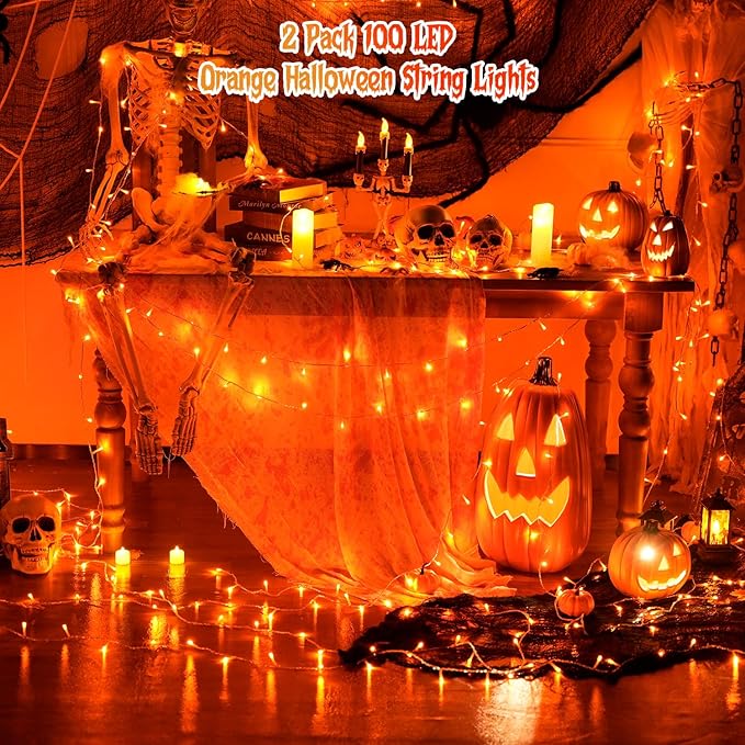 JMEXSUSS 2 Pack 100 LED Orange Halloween Lights Outdoor, 33ft Connectable Orange String Lights for Halloween Indoor with 8 Modes, Clear Wire Fall Lights Plug in for Thanksgiving Christmas Decorations