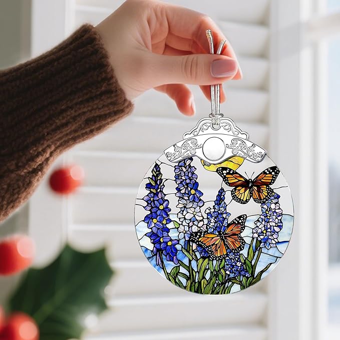 Stained Glass Ornament, Christmas Ornaments, Christmas Decorations for Tree, Holiday Ornament, Gifts for Butterfly Lovers, Holiday Party Gifts, Gift Ideas & Xmas Gift - Lavender with Butterfly