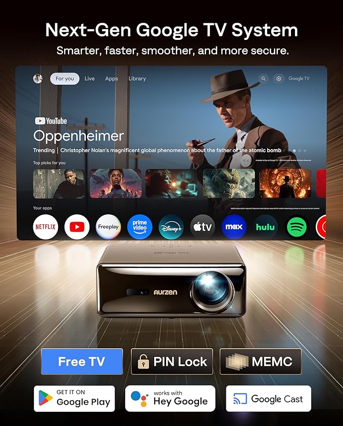 Aurzen EAZZE D1 MAX Christmas Google TV Smart Projector 4K Supported, Ultra-Bright 1000 ANSI Lumens, MEMC Tech, Fully Automatics, 20W Dolby Audio, Home Theater Movie Projector with WiFi and Bluetooth