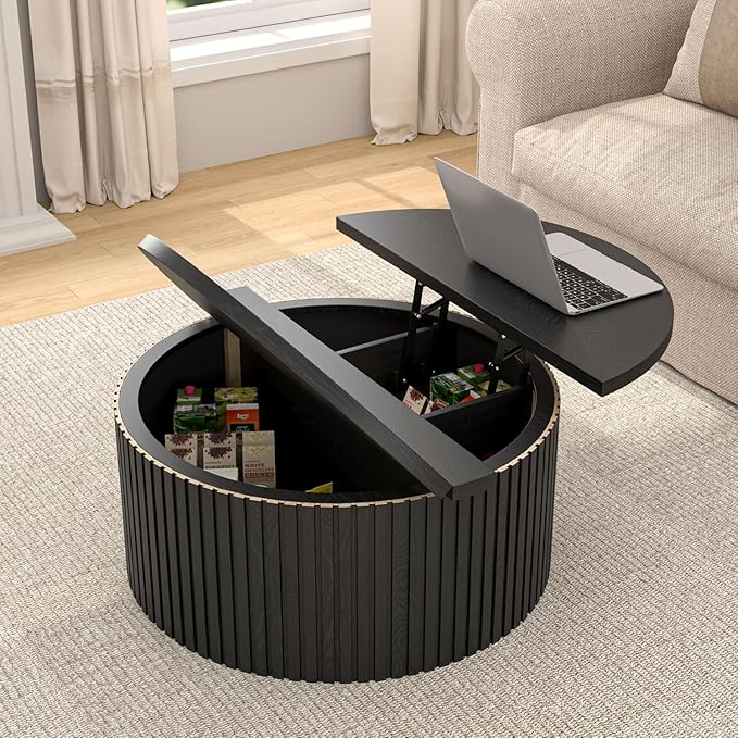 Lift Top Coffee Table with Storage, Round Coffee Tables for Living Room, 34.6In Farmhouse Fluted Coffee Table, Wood Center Table with Large Hiddern Storage Compartment (Black)