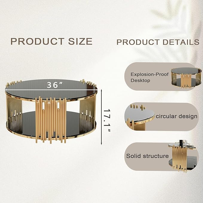 Modern Round Coffee Table, Luxury Black Gold Glass Coffee Table, 36" Center Table Living Room Table, Gold Stainless Steel Irregular Leg, Double-Layer Structure, Black Glass Desktop