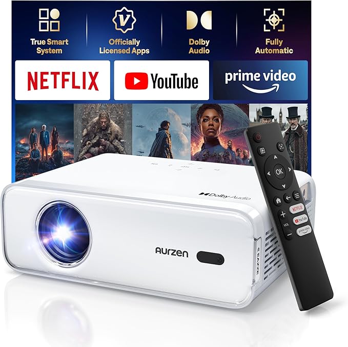 Aurzen EAZZE D1 Smart Projector with WiFi and Bluetooth, Christmas Gifts, Netflix-Officially-Licensed, Auto Focus & Keystone, DoIby Audio, Native 1080P Movie, Portable Outdoor Mini Projector, White