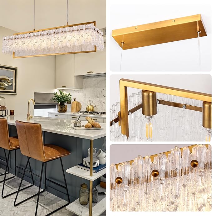 Dining Room Light Fixture 32'' Modern 6-Light Gold Chandelier for Dining Room with E12 Base Compatible with 3000K~6000K (No Bulbs) Linear Farmhouse Lighting for Kitchen Island and Living Room