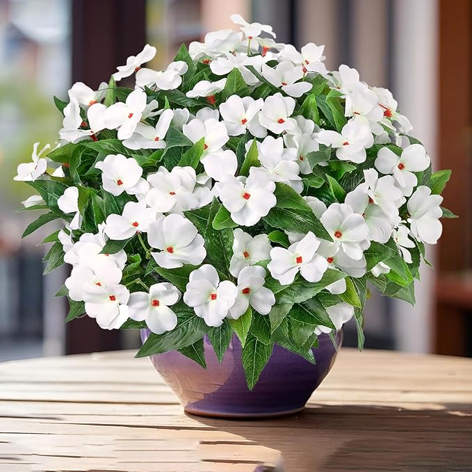 5PCS Artificial Impatiens Bouquet Flowers for Outdoors Silk Faux Flowers for Outdoor Fake Planters UV Resistant Spring Summer Indoor Decor Garden Porch Patio Window Kitchen Balcony, White